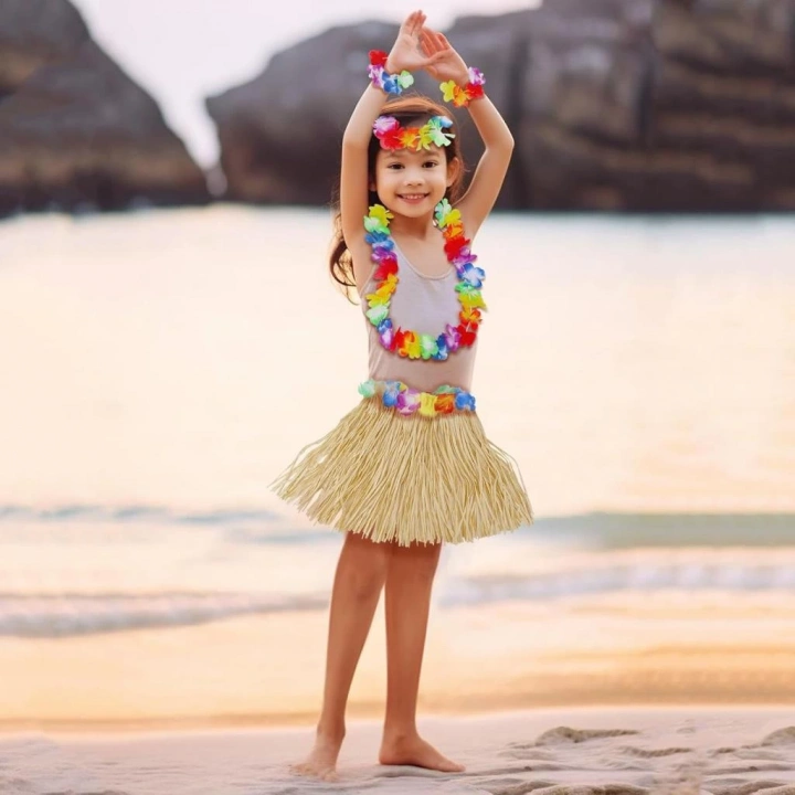 BFS   Yetişkin Çocuk Hawaii Parti Seti - 40 cm Naturel Etek + Çiçek Aksesuarlar (5 Parça)