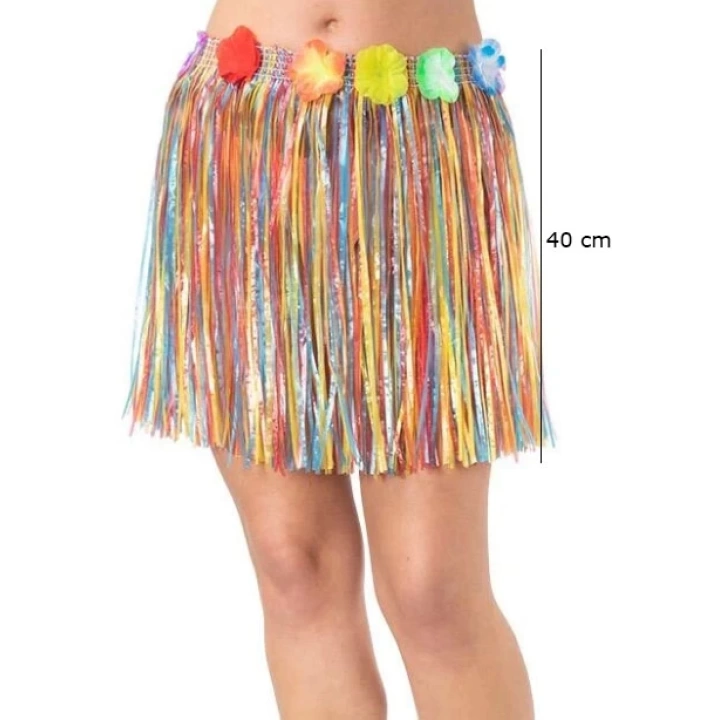 BFS   Yetişkin ve Çocuk Uyumlu Rengarenk Püsküllü Hawaii Luau Hula Etek 40 cm
