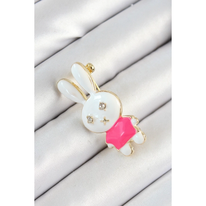 BFS Zirkon Taş Detaylı Beyaz Ve Pembe 3D Tavşan Figürlü Kadın Broş