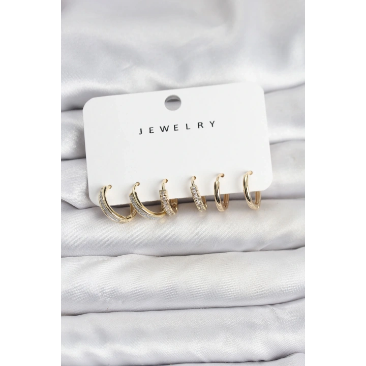 BFS Zirkon Taşlı Gold Renk Pirinç Kadın Küpe Seti