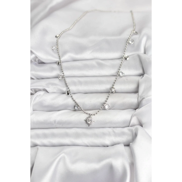 BFS Zirkon Taşlı Kutup Yıldızı Model Pirinç Gümüş Renk Kadın Kolye