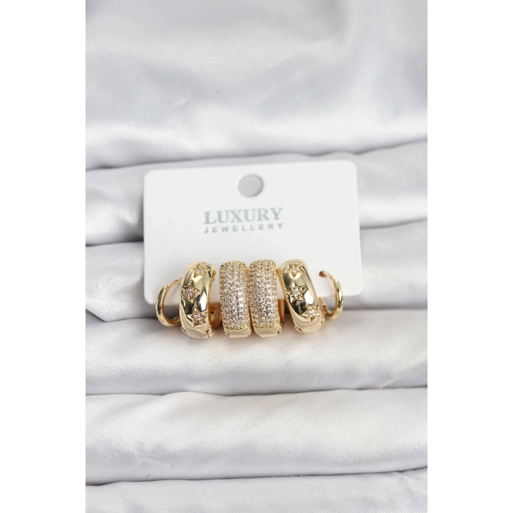 BFS Zirkon Taşlı Pirinç Gold Renk Halka Kadın Küpe Seti