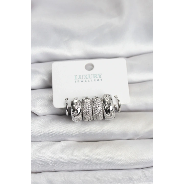 BFS Zirkon Taşlı Pirinç Gümüş Renk Halka Kadın Küpe Seti