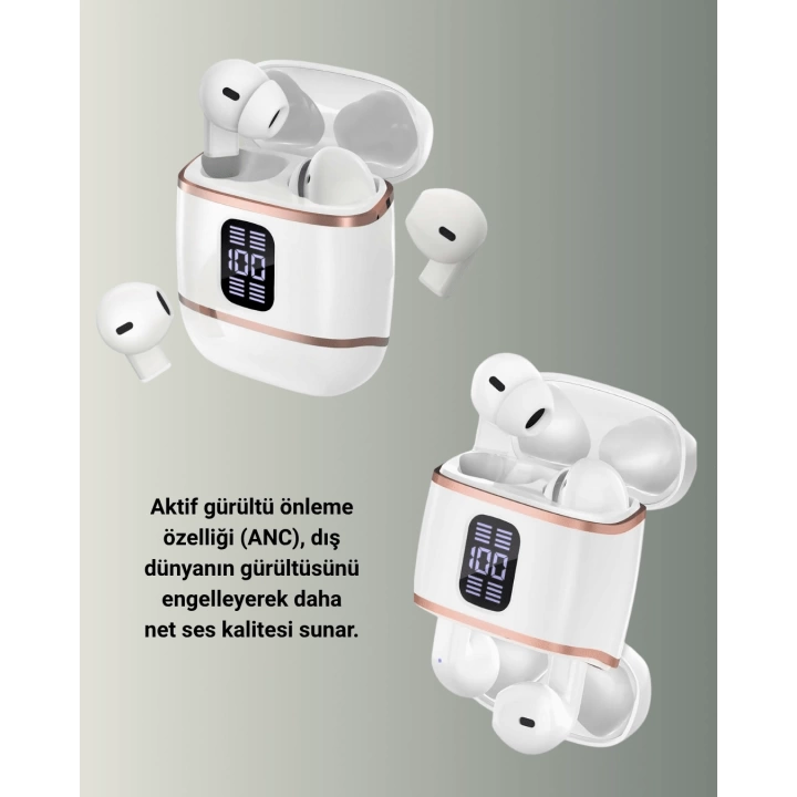 Bluetooth 5.3 Kulaklık – 4 Adet, Çift Kulaklıklı, Dijital Göstergeli, ANC + ENC