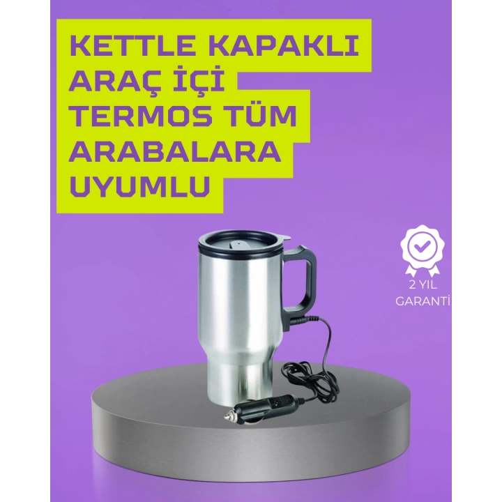Çelik Gövdeli Araç İçi Isıtıcı Termos Bardak 450 ml Kapasiteli