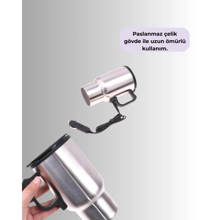 Çelik Gövdeli Araç İçi Isıtıcı Termos Bardak 450 ml Kapasiteli