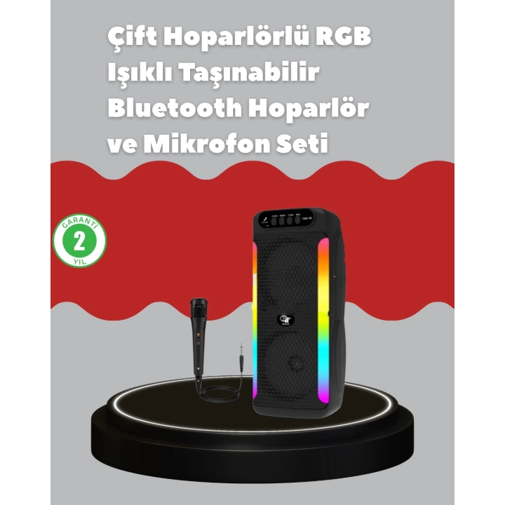 Çift 4 inç Hoparlörlü RGB Işıklı Bluetooth Ses Sistemi