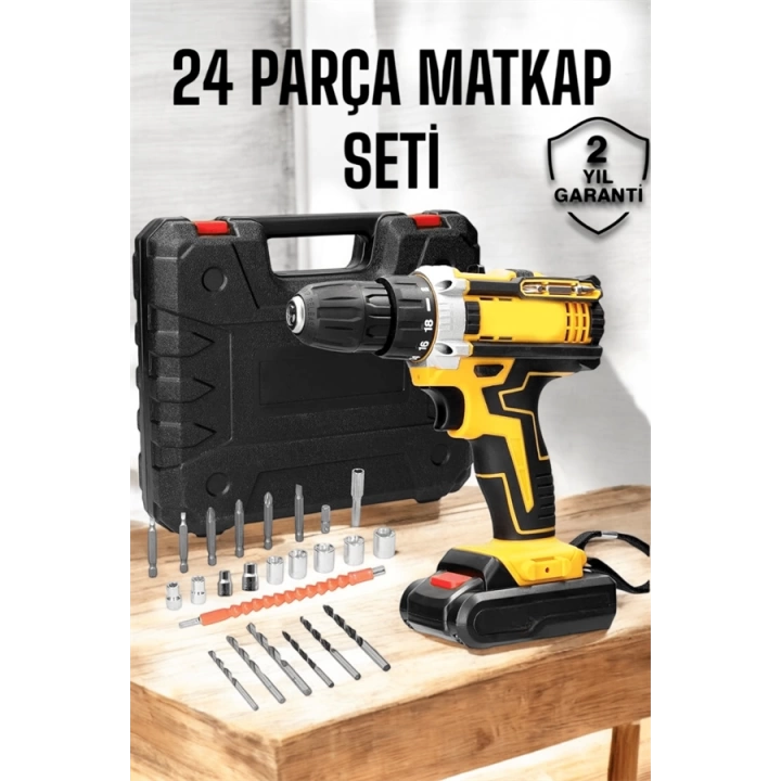 Çift Bataryalı Metal Dişli Darbeli Şarjlı Matkap Seti 24W Güç ve 24 Parça Aksesuar