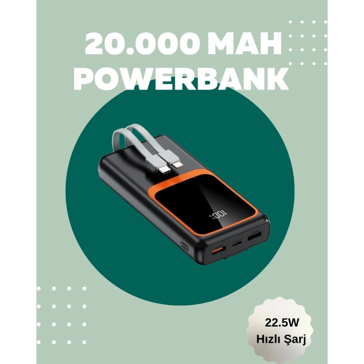 Dijital Ekranlı 20.000 mAh Powerbank | 22.5W Hızlı Şarj + Çoklu Bağlantı Seçeneği