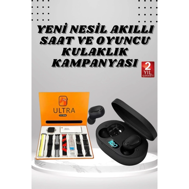 Dijital Göstergeli Kulaklık ve 7 Kordonlu Akıllı Saat Android ve İOS Uyumlu Uyku Takibi Sesli Görüşme
