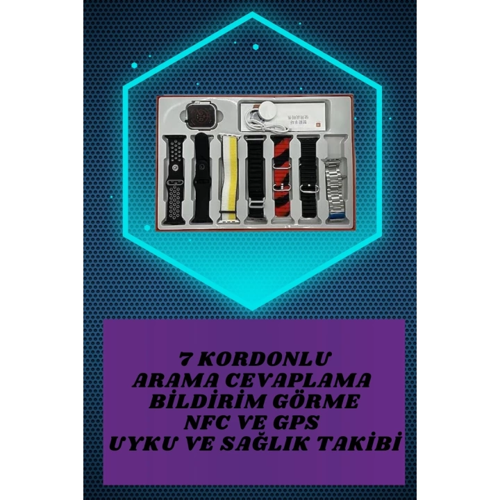 Dijital Göstergeli Kulaklık ve 7 Kordonlu Akıllı Saat Android ve İOS Uyumlu Uyku Takibi Sesli Görüşme