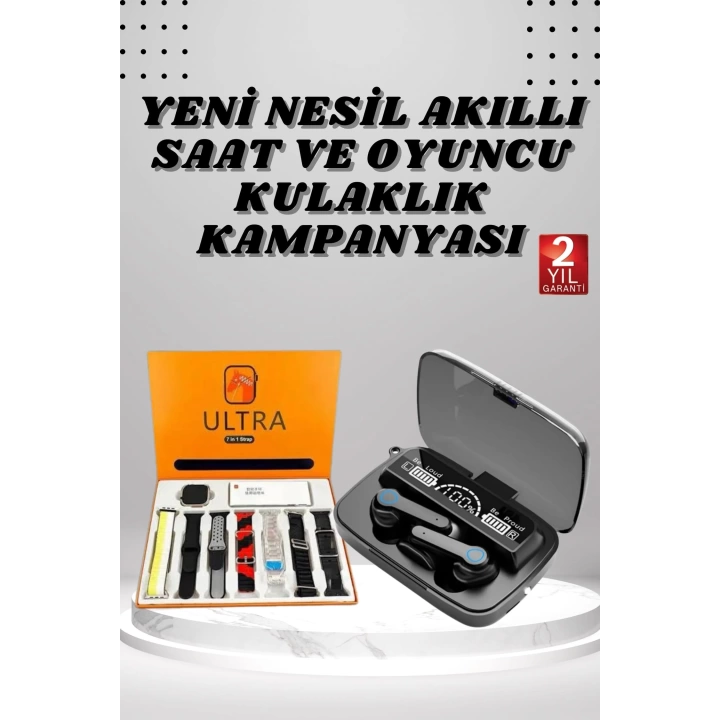 Dijital Göstergeli Powerbank Kulaklık ve 7 Kordonlu Yeni Nesil Akıllı Saat Amoled Ekran