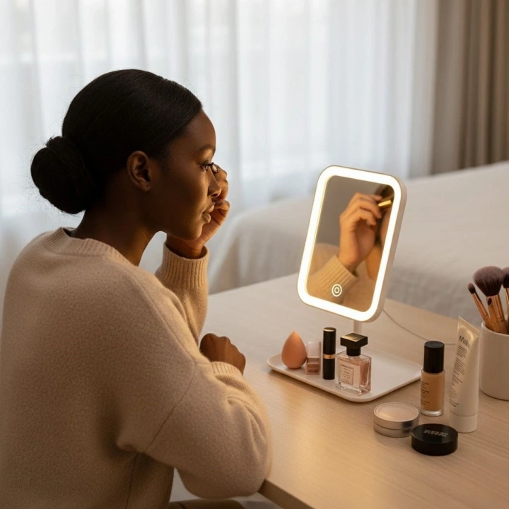 Dokunmatik LED Işıklı Kare Makyaj Aynası – Altı Organizer Kaseli, Ayarlanabilir Aydınlatmalı Masaüstü Makyaj ve Cilt Bakım Aynası