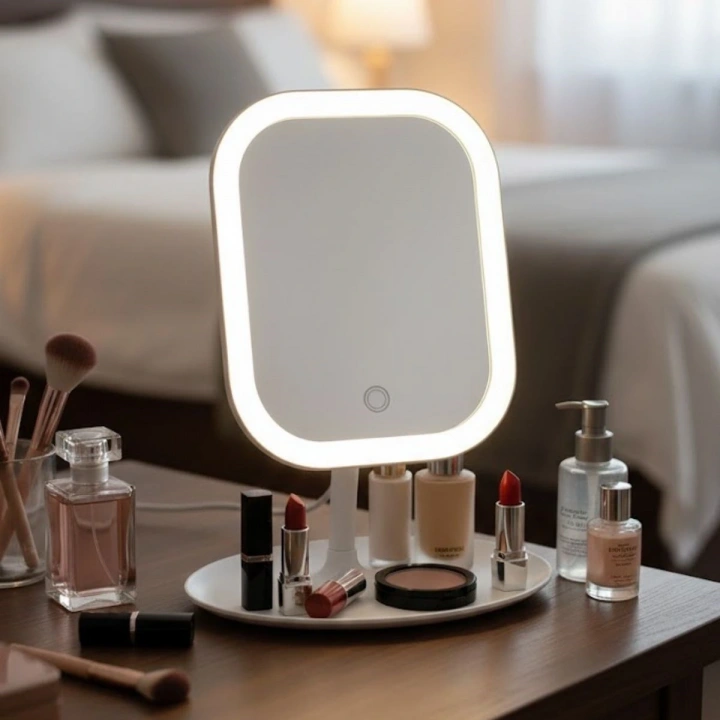 Dokunmatik LED Işıklı Kare Makyaj Aynası – Altı Organizer Kaseli, Ayarlanabilir Aydınlatmalı Masaüstü Makyaj ve Cilt Bakım Aynası