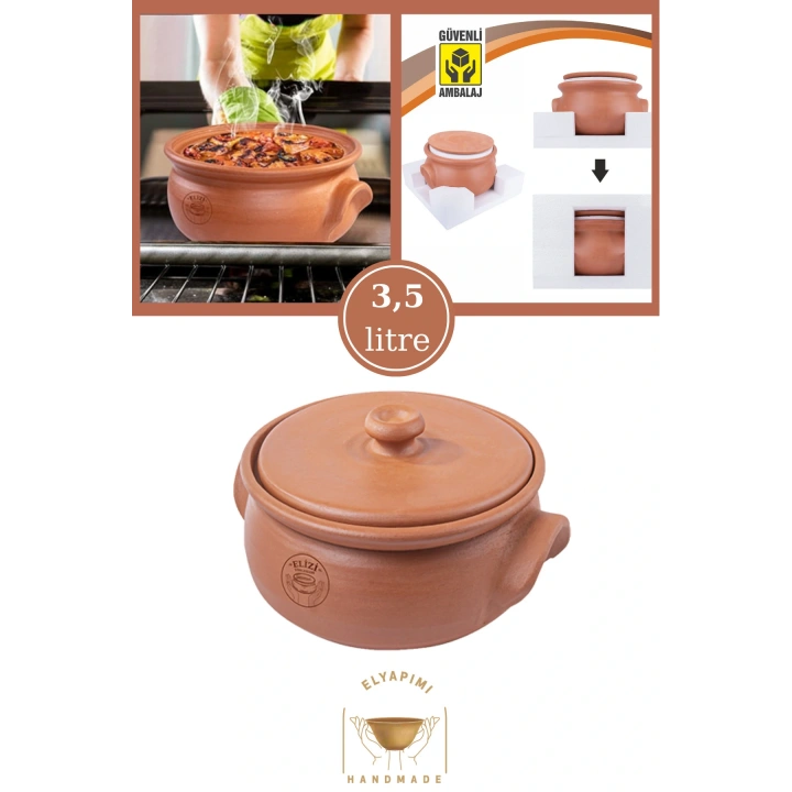 El Yapımı Toprak Kapaklı Güveç Tencere, Küçük Boy Astarlı 3,5 Litre (ÖZEL KIRILMAZ KUTUSUNDA)