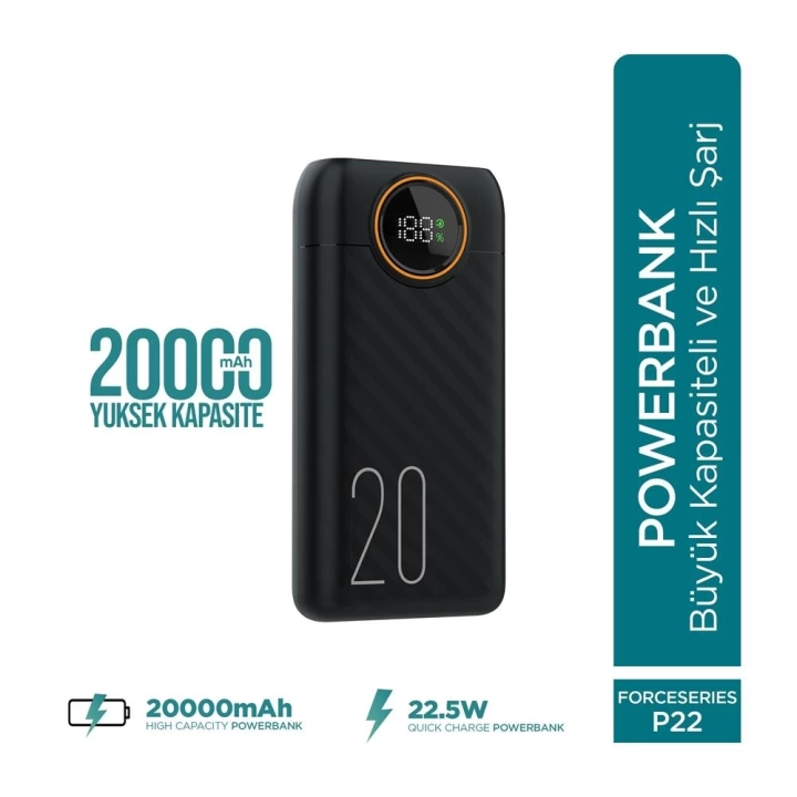 Force P22 20000mah 22.5w Hızlı Şarj Cihazı  - Fast Powerbank  - Dijital Ekran - Taşınabilir Şarj Cihazı