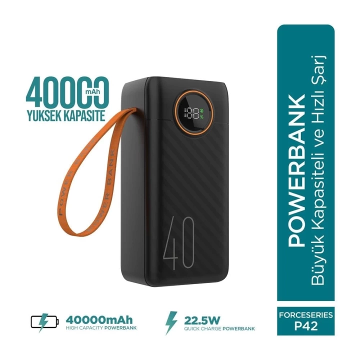 Force P42 40000mah 22.5w Hızlı Şarj Cihazı - Dahili Kablolu  - Fast Powerbank  - Dijital Ekran - Taşınabilir Şarj Cihazı