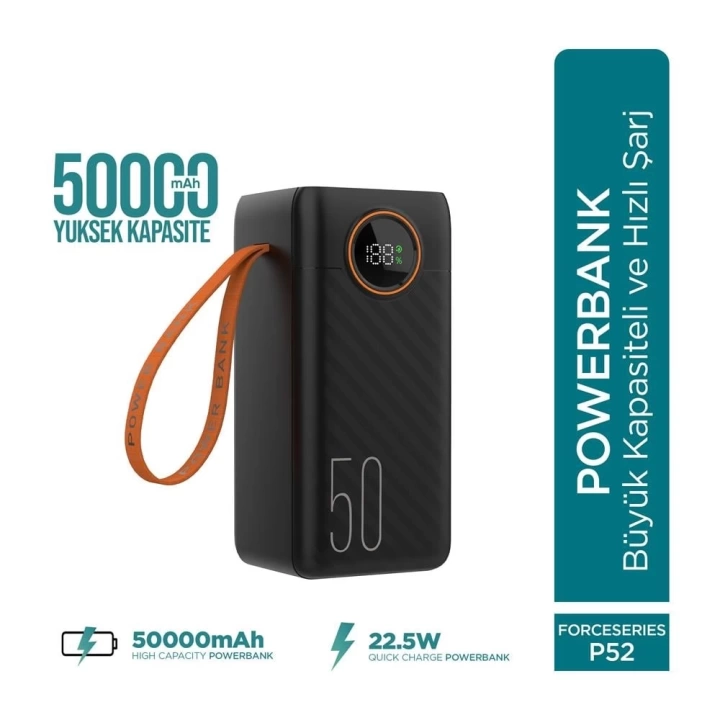 Force P52 50000mah 22.5w Hızlı Şarj Cihazı - Dahili Kablolu  - Fast Powerbank  - Dijital Ekran - Taşınabilir Şarj Cihazı
