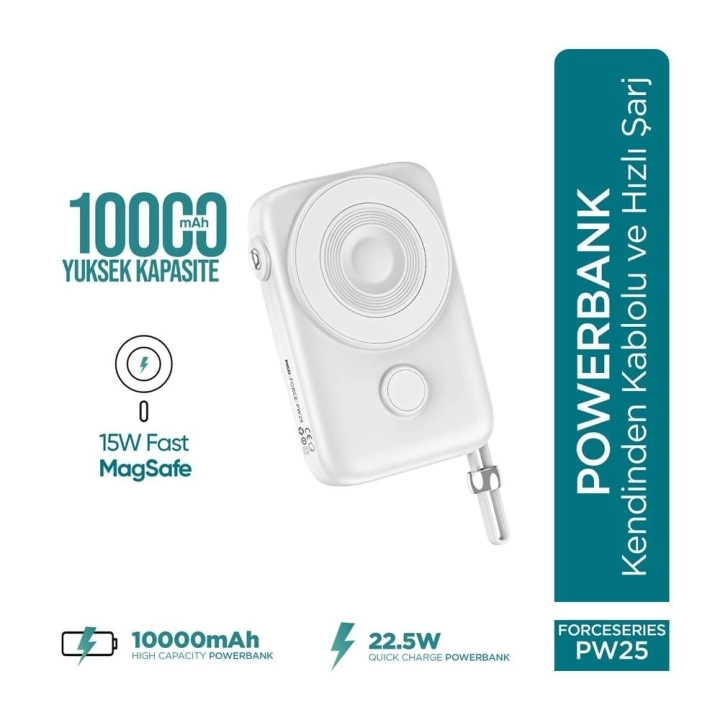 Force Pw25 10000mah 22.5w Kendinden Kablolu Magsafe Powerbank - Kablosuz Mini Şarj Cihazı - Dijital Ekran - Taşınabilir Şarj Cihazı