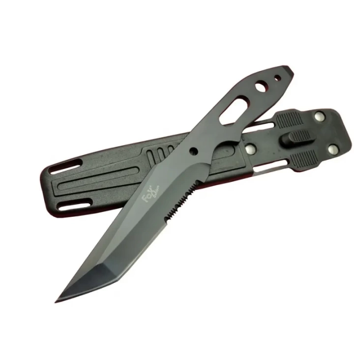 Fox A13 Siyah, Testereli Outdoor Kamp Bıçak 22 Cm - Komple Metal, Kılıflı