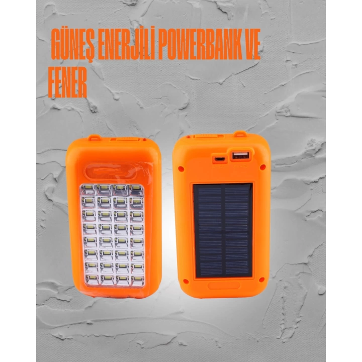 Güneş Enerjili LED Powerbank Işıldak – 10000 mAh, Su Geçirmez, 32 LED, Taşınabilir Tasarım