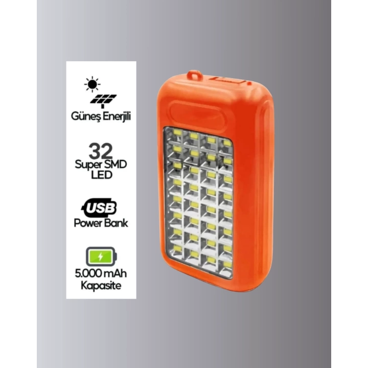 Güneş Paneli ile Şarj Olan 32 LED’li Powerbank Cihazı