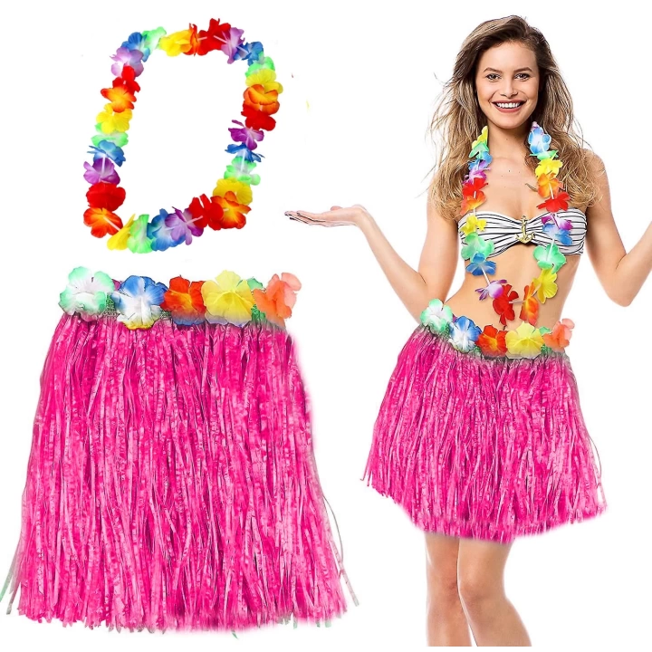 Hawaii Luau Aloha Pembe Püsküllü 40 Cm Etek Ve Hawaii Kolye Seti