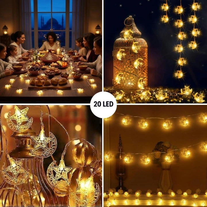 Hilal ve Yıldız Şekilli 3.5 Metre USB LED Işık – 20 LED’li Dekoratif Ramazan Dekorasyonu ve Ortam Aydınlatması