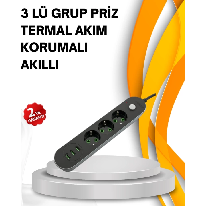 Hızlı Şarj Özellikli 3 USB Girişli Üçlü Priz