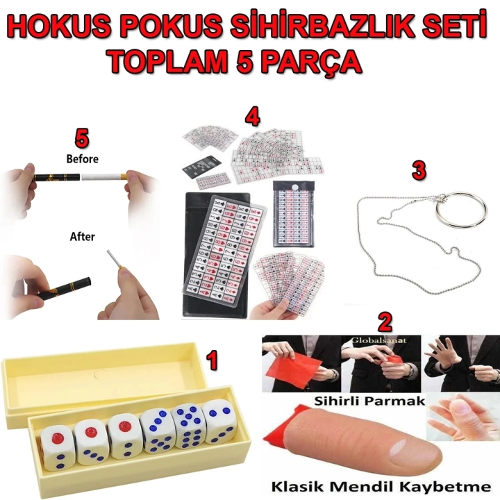 Hokus Pokus Sihirbazlık Seti İllüzyon Oyunları 5 Parçalık Set