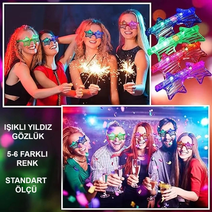 Işıklı Yıldız Gözlük Ledli Parti Gözlüğü 6 Renk 12 Adet