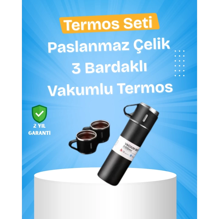 Isıyı Uzun Süre Koruyan 500 ml Termos Seti | Çelik Gövde, 2 Bardaklı, Hediye Kutulu