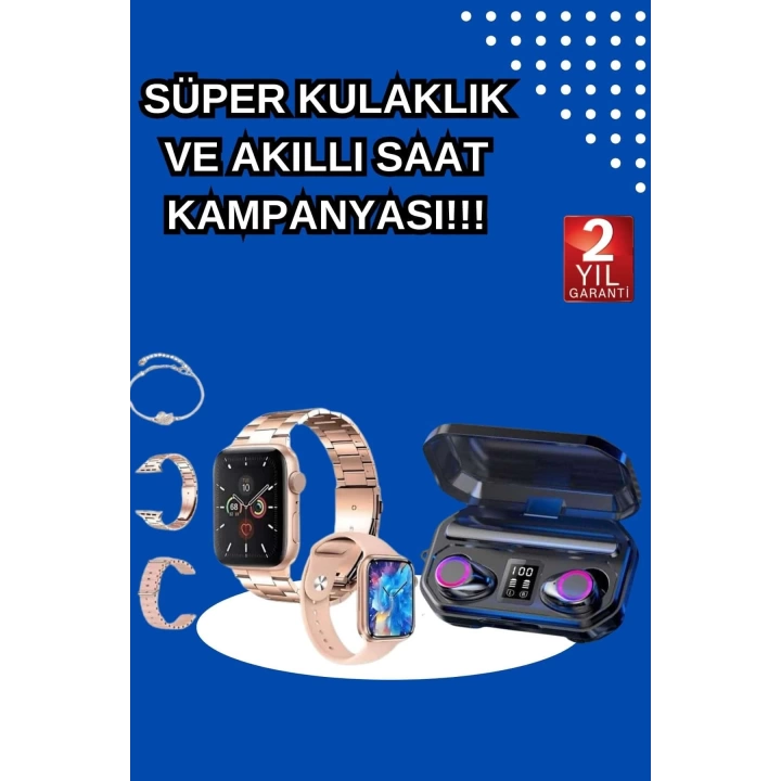 Kadınlar İçin 3 Kordonlu Akıllı Saat ve Dijital Göstergeli Powerbankli Bluetooth Kulaklık Dokunmatik Kontrol