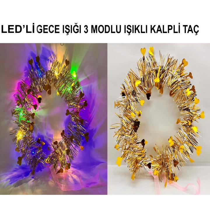 Kalp Püsküllü Gece Parıltısı 3 Modlu Led39li Işıklı Taç Altın Renk