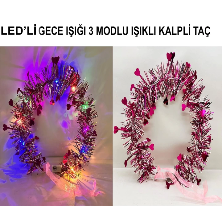 Kalp Püsküllü Gece Parıltısı 3 Modlu Led39li Işıklı Taç Fuşya Renk