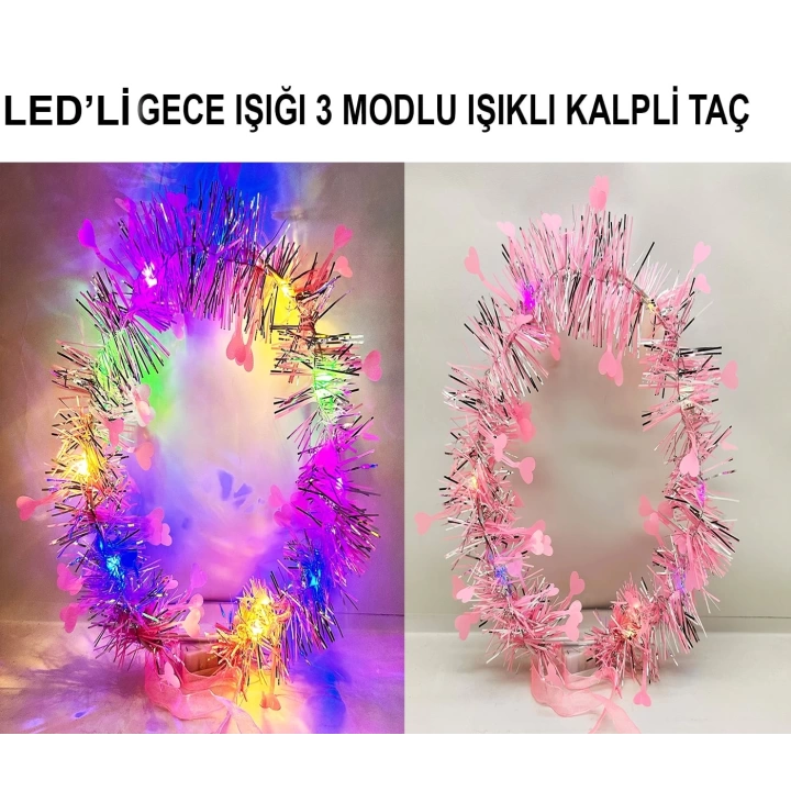 Kalp Püsküllü Gece Parıltısı 3 Modlu Led39li Işıklı Taç Pembe Renk