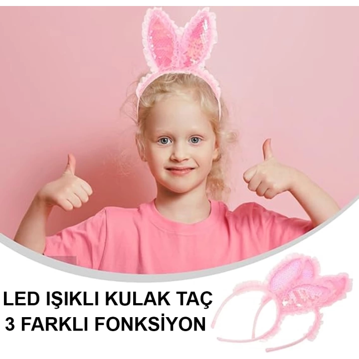 Kenarları Dantelli Pembe Pullu Payetli Led Işıklı Tavşan Kulak Taç 23x19 Cm