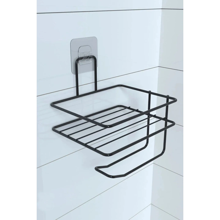 Kendiliğinden Yapışkanlı Tuvalet Kağıdı Tutacağı ve Yedek Raf - Siyah Modern Metal Tasarım
