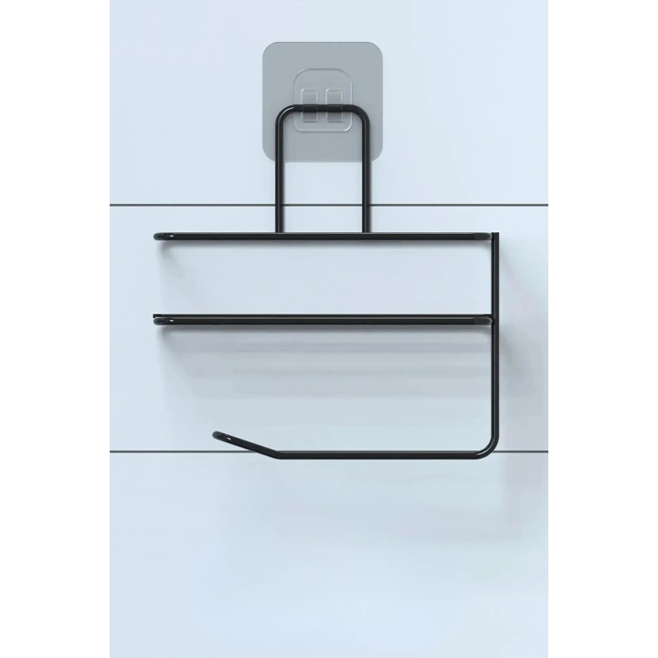 Kendiliğinden Yapışkanlı Tuvalet Kağıdı Tutacağı ve Yedek Raf - Siyah Modern Metal Tasarım