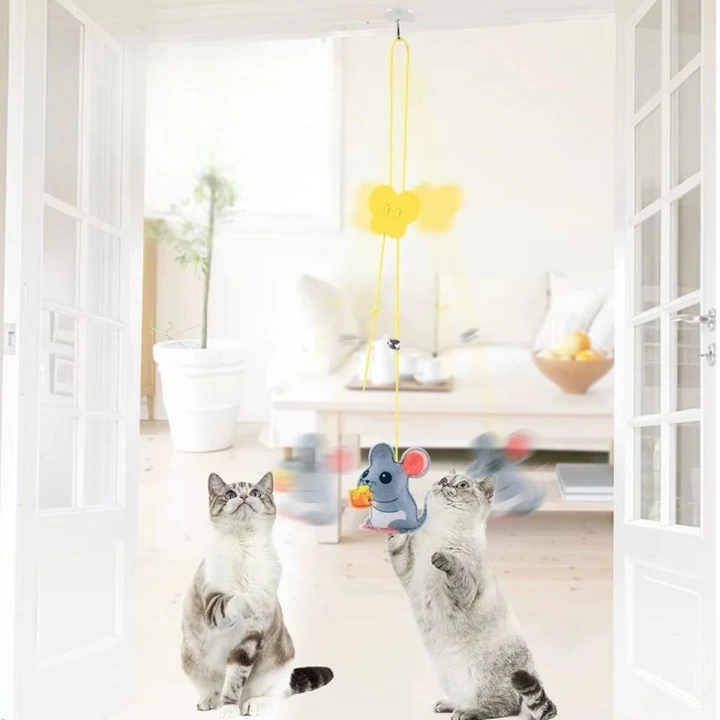 Kendiliğinden Yapışkanlı Uzun ipli Tüylü Zilli Peluş Kedi Oyun Oltası Kedi Oyuncağı