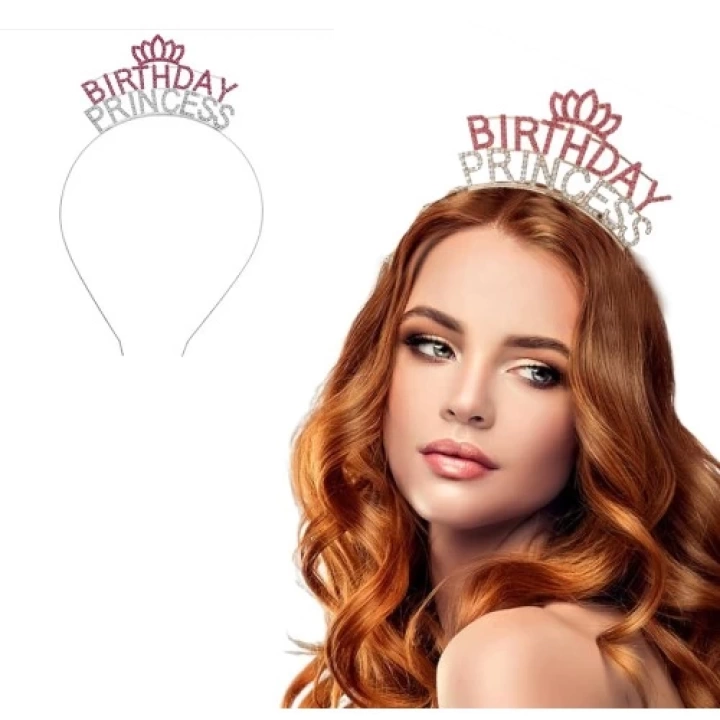 Kristal Taşlı Birthday Princess Yazılı Parti Tacı Pembe Renk