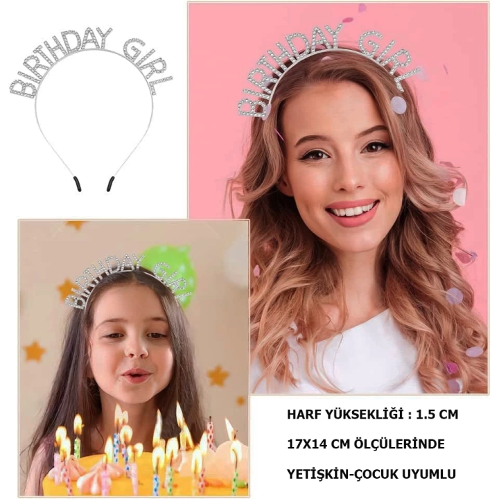 Kristal Taşlı Gümüş Birthday Girl Yazılı Doğum Günü Parti Tacı 19x11 Cm