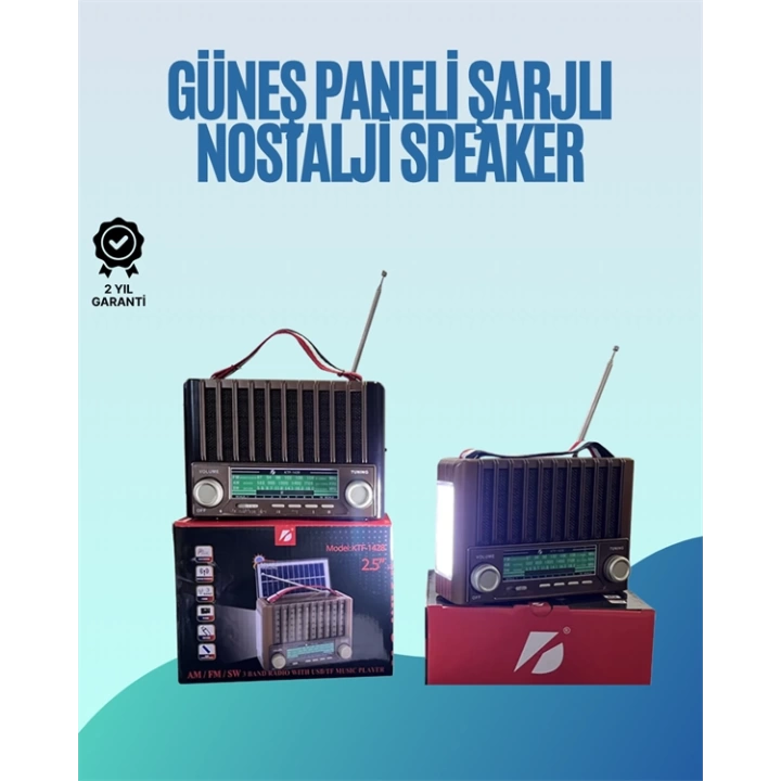KTF-1428 Nostaljik Solar Enerjili Bluetooth Speaker – Radyo, SD/USB MP3 Çalar, Güçlü Taşınabilir Hoparlör