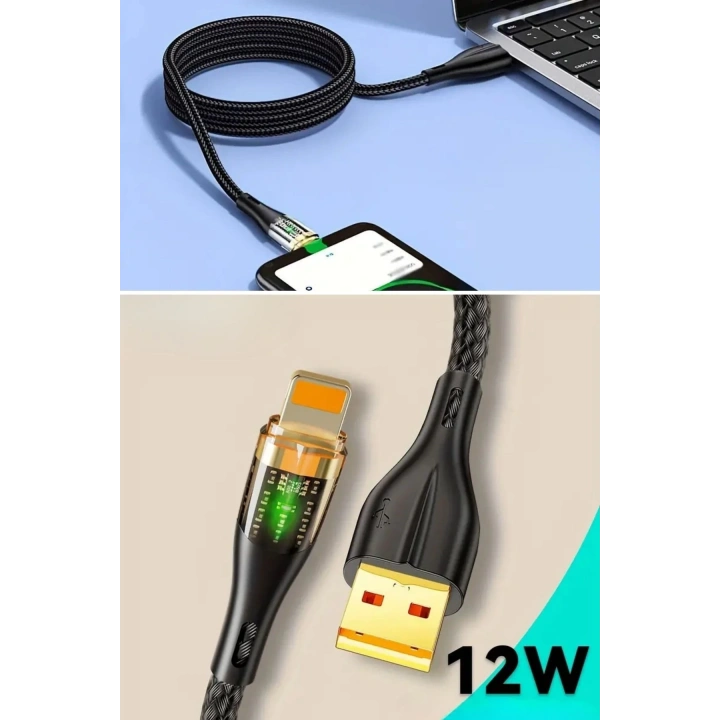 Led Işık Uçlu Sağlam İp Kablolu USB to Lightning Hızlı Şarj Kablosu