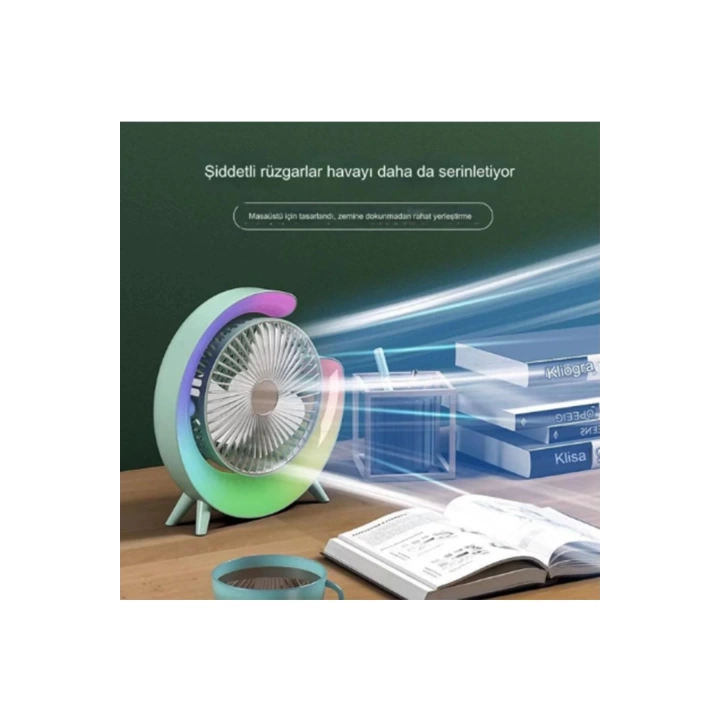 Masaüstü Vantilatör Usb Şarjlı Rgb Led Işıklı 3 Kademeli 180° Ayarlanabilir Soğutucu Fan Mavi