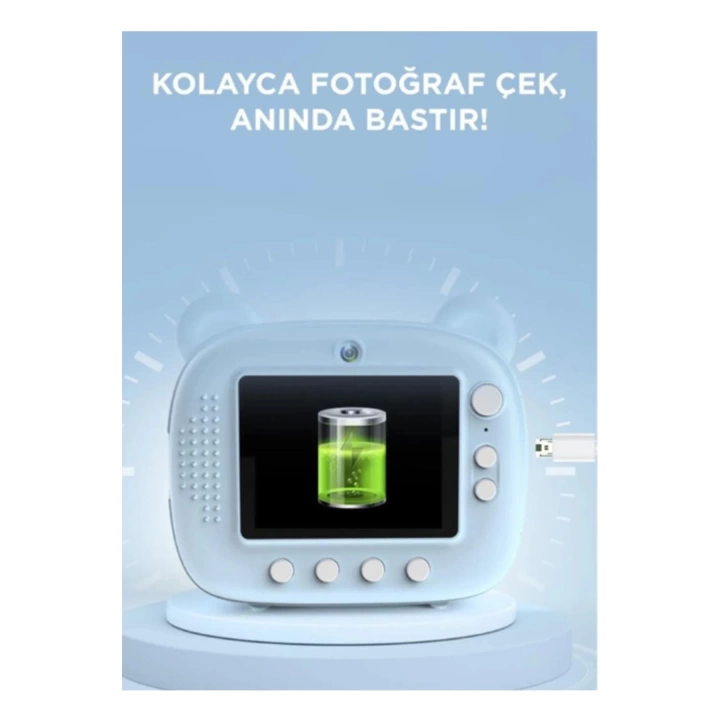 Mini Dijital Fotoğraf Çıkaran Video Kaydedici Taşınabilir Anında Baskı Çıkaran Çocuk Kamerası Mavi 3 Adet Rulo Hediye