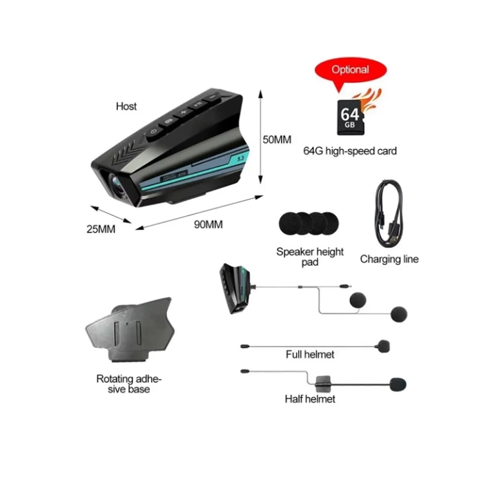 Motosiklet Kask İçi Akıllı Kamera – 2000 mAh, 128 GB SD Kart Desteği