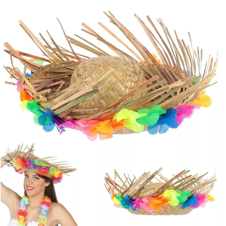 Naturel Renk Püsküllü Örme Hasır Hawaii Luau Aloha Şapka 13x36 Cm