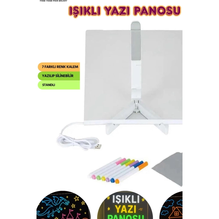 Neon Işıklı 7 Renk Işık Boyama Kalemli Led Resim Panosu Boyama Tahtası Kalemleri 20 X 20