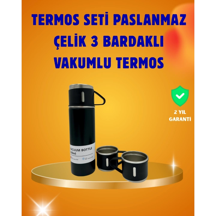 Paslanmaz Termos ve İkili Bardak Seti | 6-12 Saat Sıcak/Soğuk Tutma